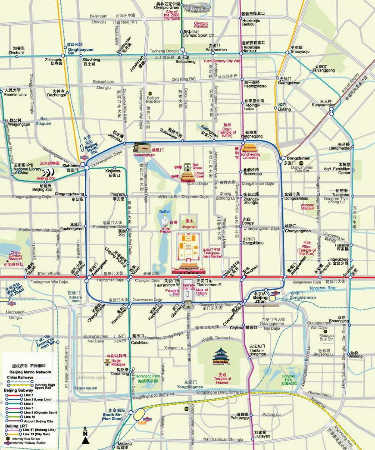 地图的北京的地铁路线图与旅游景点